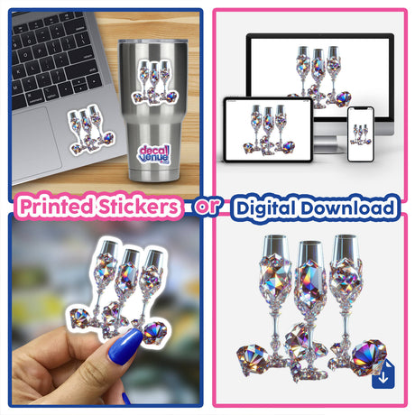 Gemstone Champagne Glasses stickers displayed alongside a laptop, showcasing unique decal designs available as both stickers and digital artwork from Decal Venue.