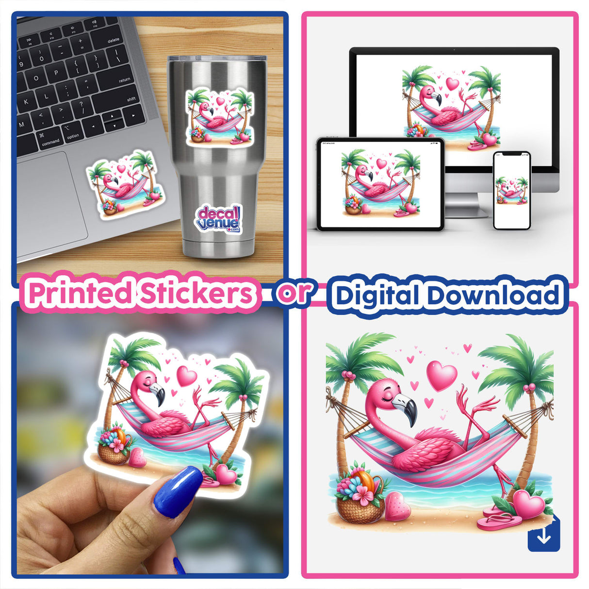 Colorful digital artwork depicting a sleeping flamingo bird relaxing in a hammock surrounded by tropical palm trees and hearts, available as printed stickers or a digital download from the Decal Venue online store, which specializes in unique stickers and digital art created by talented designers.