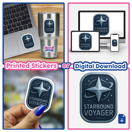 Starbound Voyager – RPG-Style Skill Badge (Silver Cosmic Badge) available as stickers or digital artwork, featuring intricate galactic designs emblematic of adventure and skill achievements in a fantasy setting.