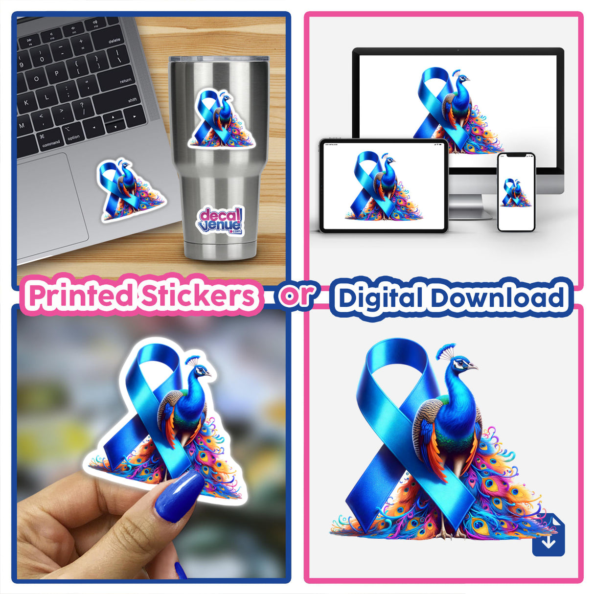 Peacock Blue Ribbon Colon Cancer Awareness sticker collage, featuring a hand holding a ribbon with a peacock design, displayed on a silver cup, laptop, and more, representing Decal Venue's unique collection.