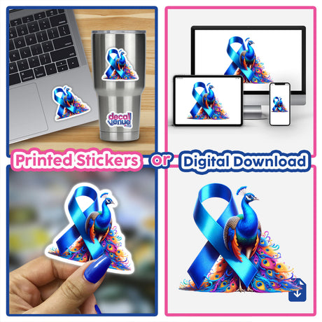 Peacock Blue Ribbon Colon Cancer Awareness sticker collage, featuring a hand holding a ribbon with a peacock design, displayed on a silver cup, laptop, and more, representing Decal Venue's unique collection.