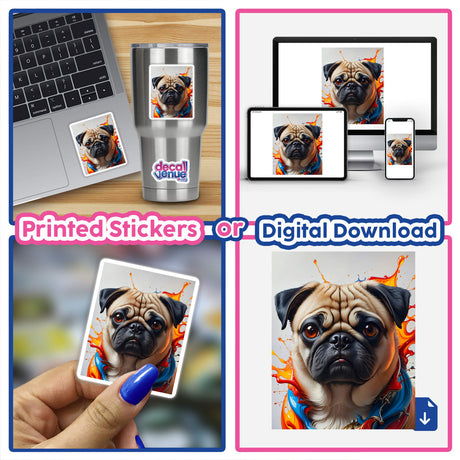 A collage featuring a laptop adorned with A Cute Pug - Animal Portrait sticker, showcasing a charming pug design, aligning with Decal Venue's unique vinyl sticker and digital art offerings.