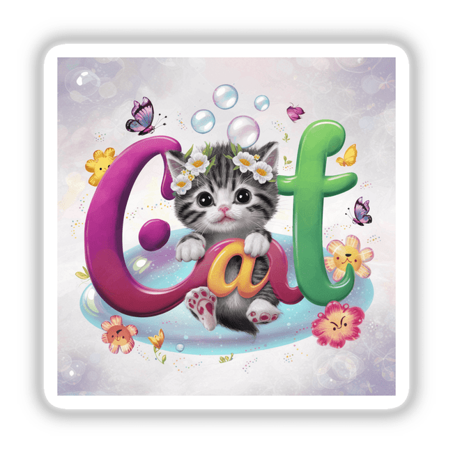 Playful kitten surrounded by floral decorations and bubbles in the product image