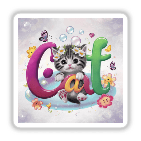 Playful kitten surrounded by floral decorations and bubbles in the product image