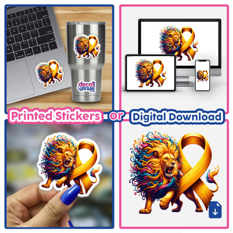Lion Gold Ribbon Childhood Cancer Awareness: A vibrant sticker featuring a cartoon lion with a colorful mane and gold ribbon, suitable for laptops or as digital artwork.
