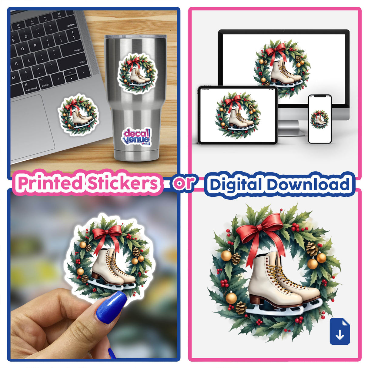 Ice Skates in a Christmas Wreath design by DecalVenue, featuring festive stickers or digital art for holiday decor. The collage shows a wreath with ice skates, capturing winter's essence.