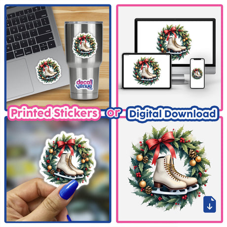 Ice Skates in a Christmas Wreath design by DecalVenue, featuring festive stickers or digital art for holiday decor. The collage shows a wreath with ice skates, capturing winter's essence.
