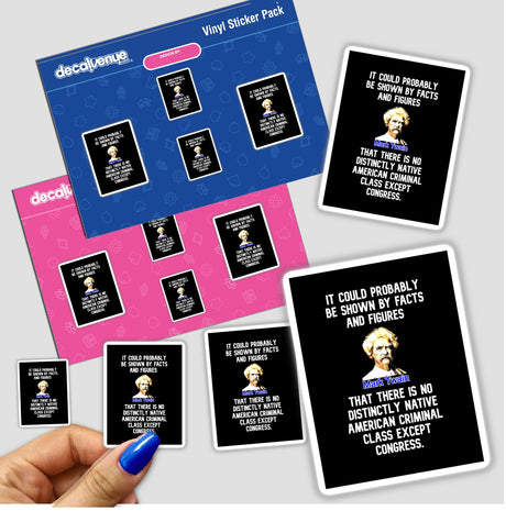 Hand displaying the Funny Political Quote Sticker - Mark Twain Congress Quote, featuring humorous political text suitable as a decal or digital artwork for commercial use.