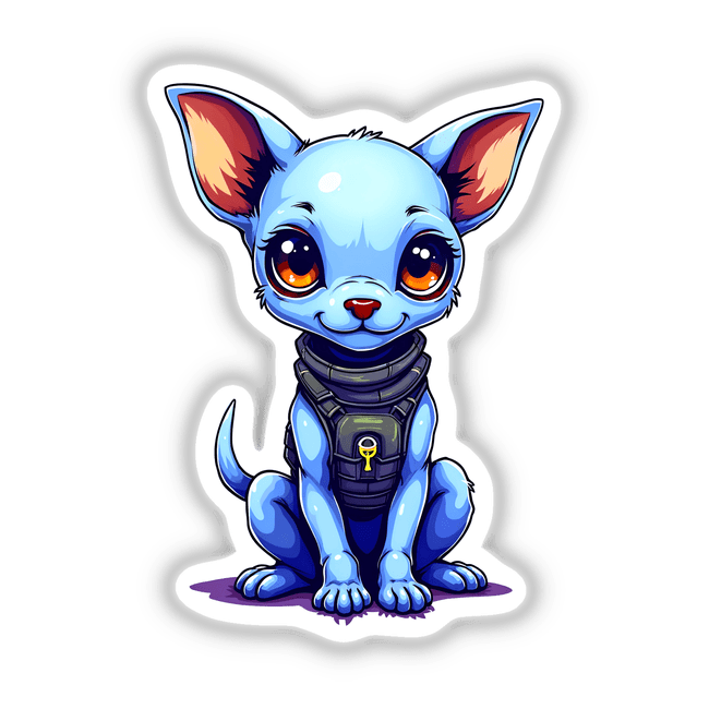 Digital artwork of a cute blue dog wearing a space-themed outfit with large eyes and a playful expression, perfect for stickers or digital downloads.