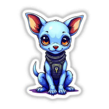 Digital artwork of a cute blue dog wearing a space-themed outfit with large eyes and a playful expression, perfect for stickers or digital downloads.