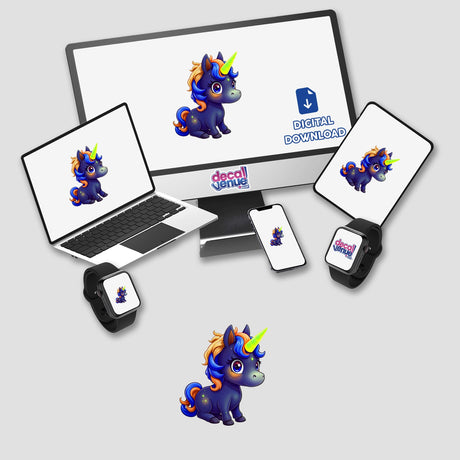 Cute And Magical Pony Unicorn displayed on screens of a computer, laptop, and other devices, available as stickers or digital artwork from Decal Venue, showcasing whimsical unicorn-themed designs.