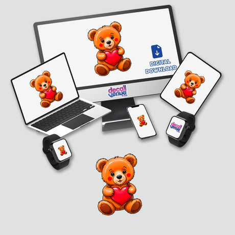 Cute Valentine's Day Teddy Bear displayed on a computer monitor and laptop, featuring a cartoon bear holding a heart. Available as stickers or digital artwork from Decal Venue.