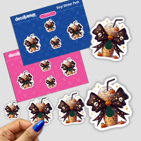 Hand holding a sticker pack featuring Pumpkin Spice Halloween Coquette Bow cartoon drink with a bow stickers, highlighting unique designs from Decal Venue.