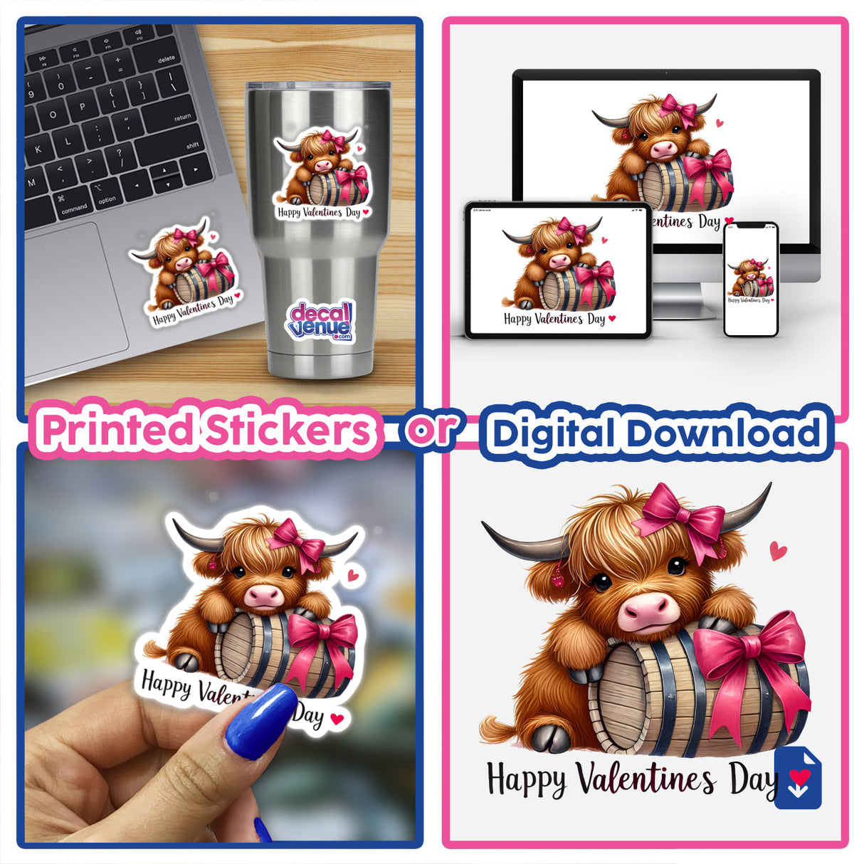 Highland Cow in Valentine's Day Barrel sticker on a laptop, showcasing a cartoon cow with a bow, embodying charm and whimsy, perfect for decorating or gifting.