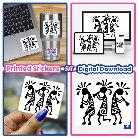 Kokeapelli design featured as a vinyl sticker held by a person, highlighting intricate cartoon-style details, available as both a sticker and digital artwork from Decal Venue.