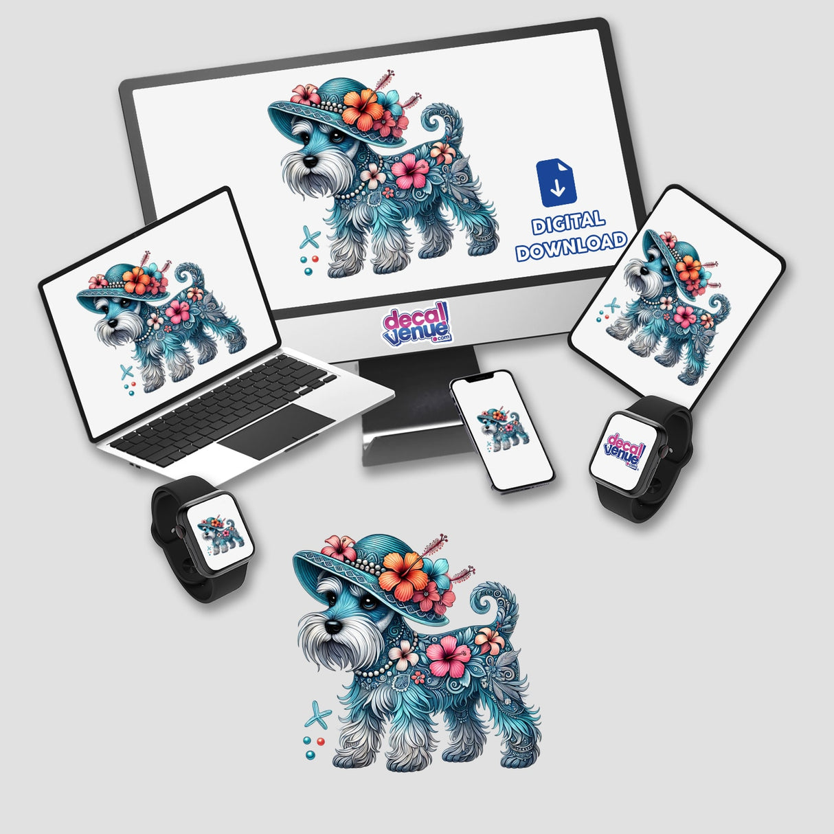 Cartoon Schnauzer dog wearing a floral summer hat and surrounded by tropical flowers, displayed across various digital devices from the Decal Venue store.