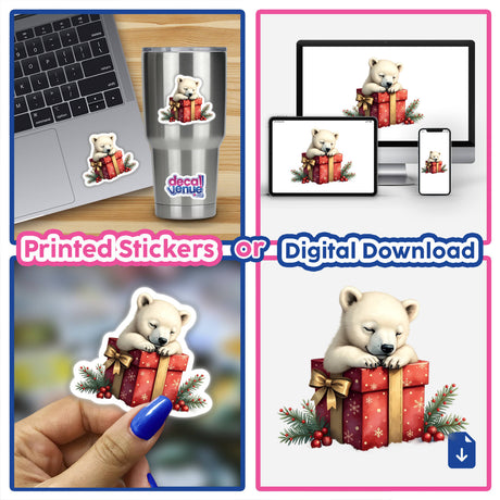 Polar Bear in Christmas Present Box sticker collage, featuring a white bear with closed eyes on a red box, available as stickers or digital artwork from Decal Venue.