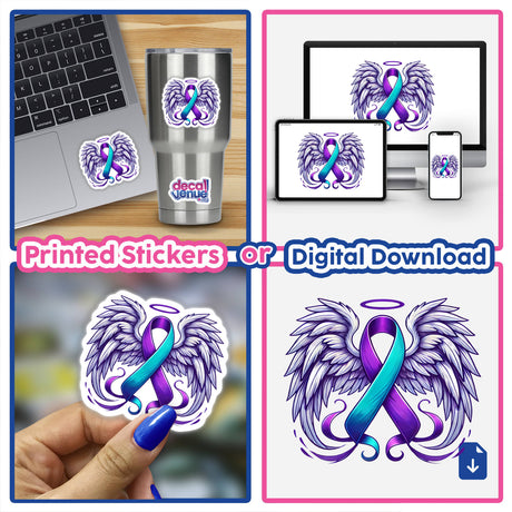 Collage showcasing the Suicide Awareness Ribbon with Wings as stickers on laptops and digital artwork, emphasizing its symbolic purple and blue elements.