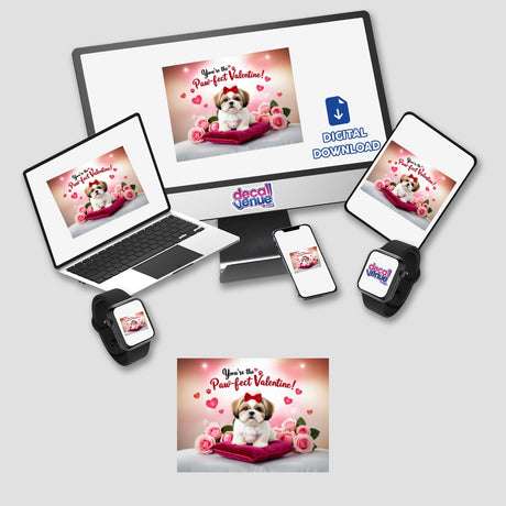 Shih Tzu Sticker and Clipart with Commercial Rights featuring a dog with a bow, ideal for Valentine’s Day. Available as stickers or digital artwork showcasing a cute dog on a pillow.