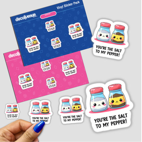 You're The Salt To My Pepper Funny Love Quote sticker featuring cartoon salt and pepper shakers, capturing a playful design element consistent with Decal Venue's unique vinyl stickers and digital art offerings.