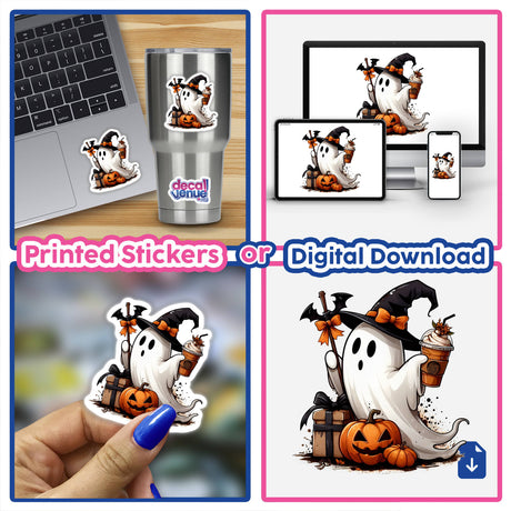 Halloween Orange Pumpkin Spice Ghost stickers and digital artwork featuring a cartoon ghost holding a drink and pumpkins, shown on various surfaces like cups and laptops.