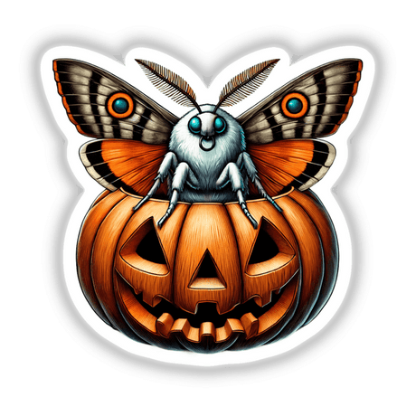 Halloween Moth Emerging from Pumpkin - Whimsical digital artwork featuring a large moth with colorful wings peeking out of an intricately carved Halloween pumpkin.