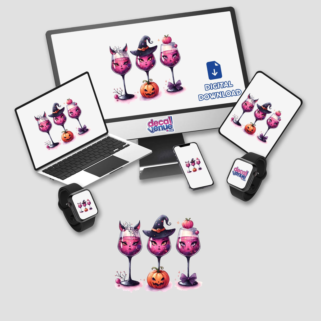 Three Halloween-themed wine glasses depicted on a computer monitor and laptop screen, featuring digital cartoon characters. Available as stickers or digital artwork from Decal Venue.