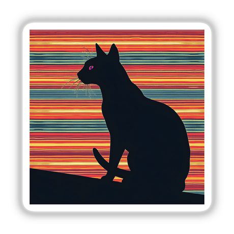 Cat Silhouette with Vibrant Stripes: A black cat with striking pink eyes sits gracefully on a roof, available as stickers or digital artwork from Decal Venue.