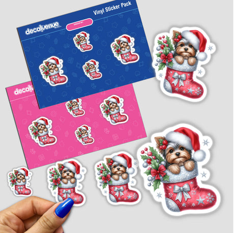 Peeking Santa Yorkie Dog Sparkly Mistletoe Christmas Stocking sticker pack, featuring a cartoon dog nestled in a festive stocking. Available as unique stickers or digital artwork from Decal Venue.