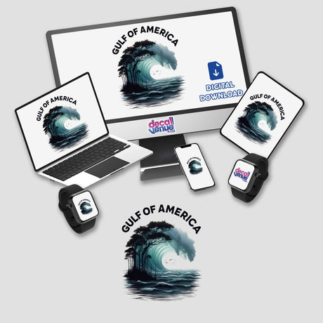 Gulf of America features a digital artwork of a wave with trees and birds, available as stickers or digital art, displayed on a computer monitor and laptop.