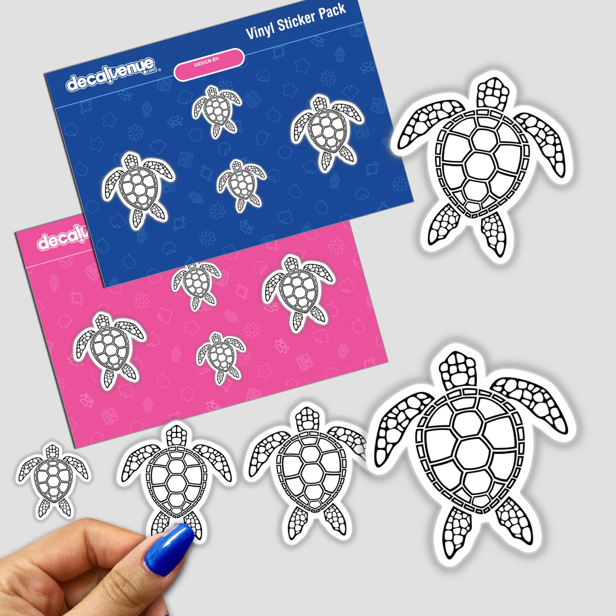 Black Outline Sea Turtle Design stickers featuring various black and white turtle illustrations, available as individual stickers or a complete pack, showcasing detailed, artistic outlines for versatile use.