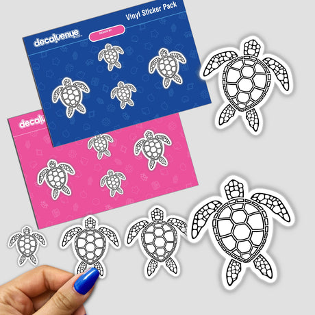 Black Outline Sea Turtle Design stickers featuring various black and white turtle illustrations, available as individual stickers or a complete pack, showcasing detailed, artistic outlines for versatile use.