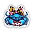 Maryland Flag Coquette Bow Claw Heart Crab sticker featuring a whimsical blue crab adorned with a bow, ideal for unique vinyl sticker or digital art enthusiasts.