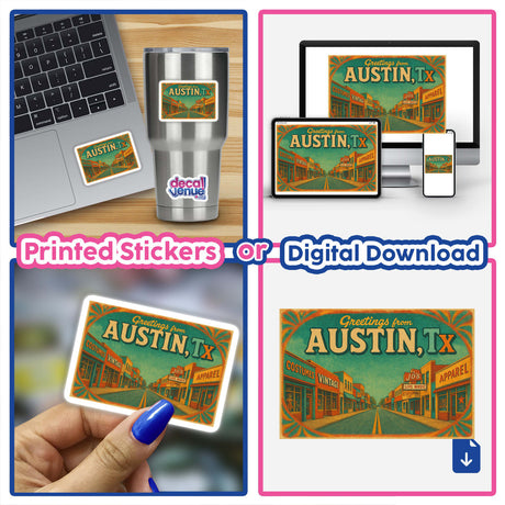 Greetings from Austin Postcard Sticker or Clipart with Commercial Rights - Vintage Capitol Art, showcasing a retro depiction of Austin's Capitol, available as a sticker or digital artwork.