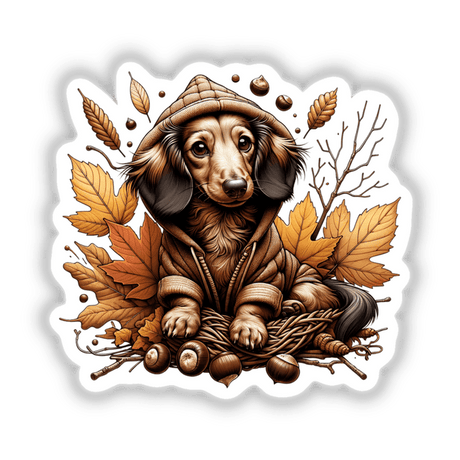Autumn Dachshund in Cozy Hood Sweatshirt - Charming digital artwork featuring a dachshund dog wearing a warm hooded sweatshirt, surrounded by colorful autumn leaves and acorns.