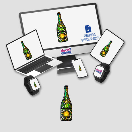 Champagne Bottle Stained Glass Style digital artwork displayed on a laptop screen, alongside a computer monitor and smartwatch, highlighting its intricate design available as stickers or digital art from Decal Venue.