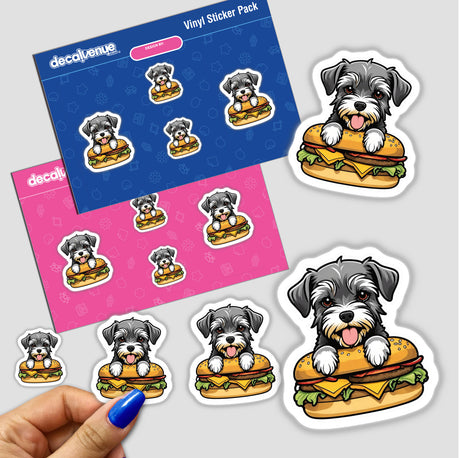 Illustrated stickers of a Schnauzer dog sitting on cheeseburgers, showcased in a product pack from the online shop Decal Venue.