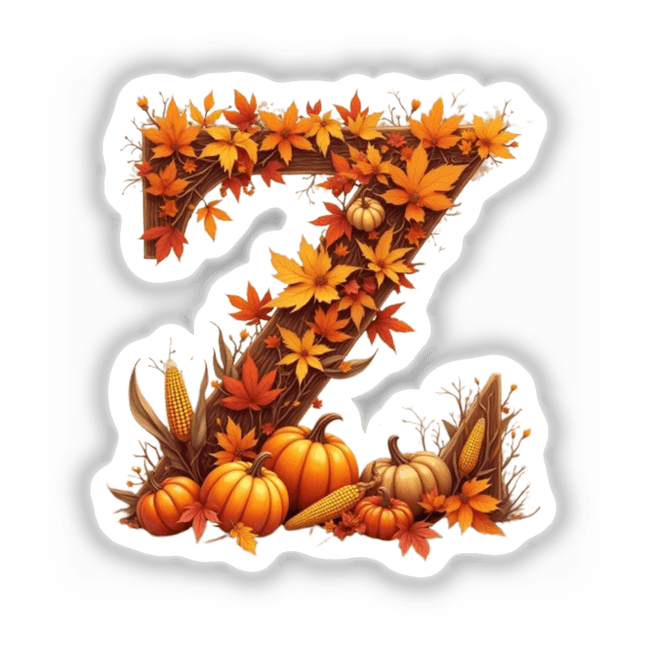 Fall Aesthetic Letter Z Clipart, decorated with pumpkins and fall leaves, available as stickers or digital artwork with commercial rights.