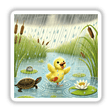 Cartoon of a duckling in a pond with turtles and water lilies, titled Duckling Turtle Frog In Rain With Plants And Lily, available as stickers or digital artwork from Decal Venue.