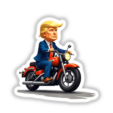 President Donald Trump depicted in a cartoon style, riding a motorcycle. Available as stickers or digital artwork from Decal Venue, showcasing unique vinyl stickers and digital art.