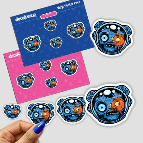 Zombie Astronaut Fishbowl Helmet sticker pack featuring cartoon fish in space-themed designs. A hand holds the sticker, showcasing Decal Venue's unique vinyl sticker collection.