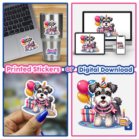 Happy Birthday Schnauzer – Party Dog with Balloons, Cake, and Gifts depicted in a lively sticker collage featuring cartoon dogs and festive elements, available as unique vinyl stickers or digital artwork.