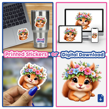 Charming Squirrel with a Flower Crown sticker collage featuring cartoon squirrels adorned in vibrant floral crowns, perfect for personalizing spaces with whimsical charm from Decal Venue.