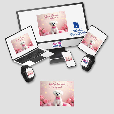 Maltese Sticker and Clipart featuring a white dog with a pink bow tie, ideal for Valentine's Day designs. Available as stickers or digital artwork, capturing a cute, commercial-use dog theme.