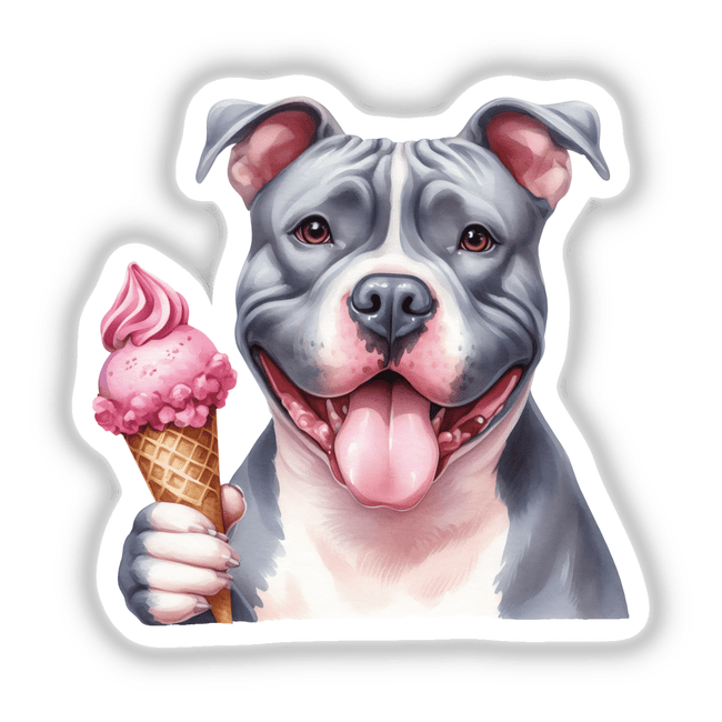 Adorable gray pitbull with ice cream cone, digital sticker or download artwork