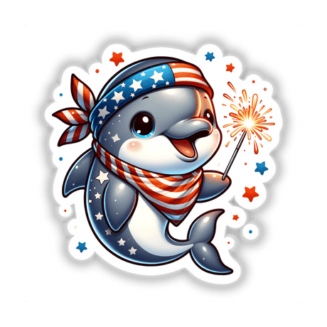 Dolphin Holding Sparkler Wearing Stars and Stripes Bandana
