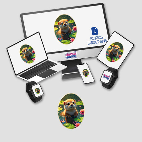 Cute Otter In The Water design displayed on a computer monitor and laptop. Available as stickers or digital artwork, perfect for fans of unique animal-themed creations from Decal Venue.