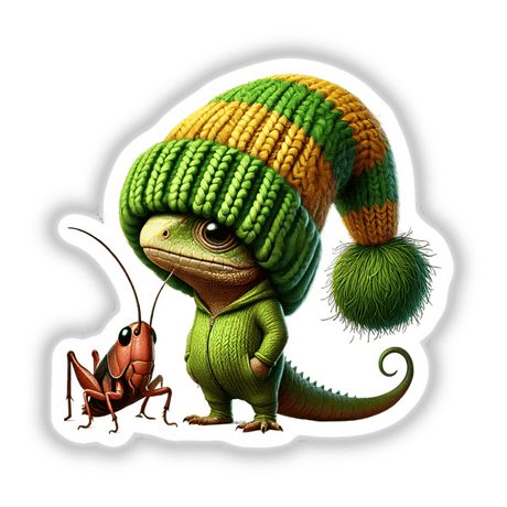 Lizard Gnome with Cricket, wearing a green and yellow knit hat and hoodie, available as Stickers and digital art.