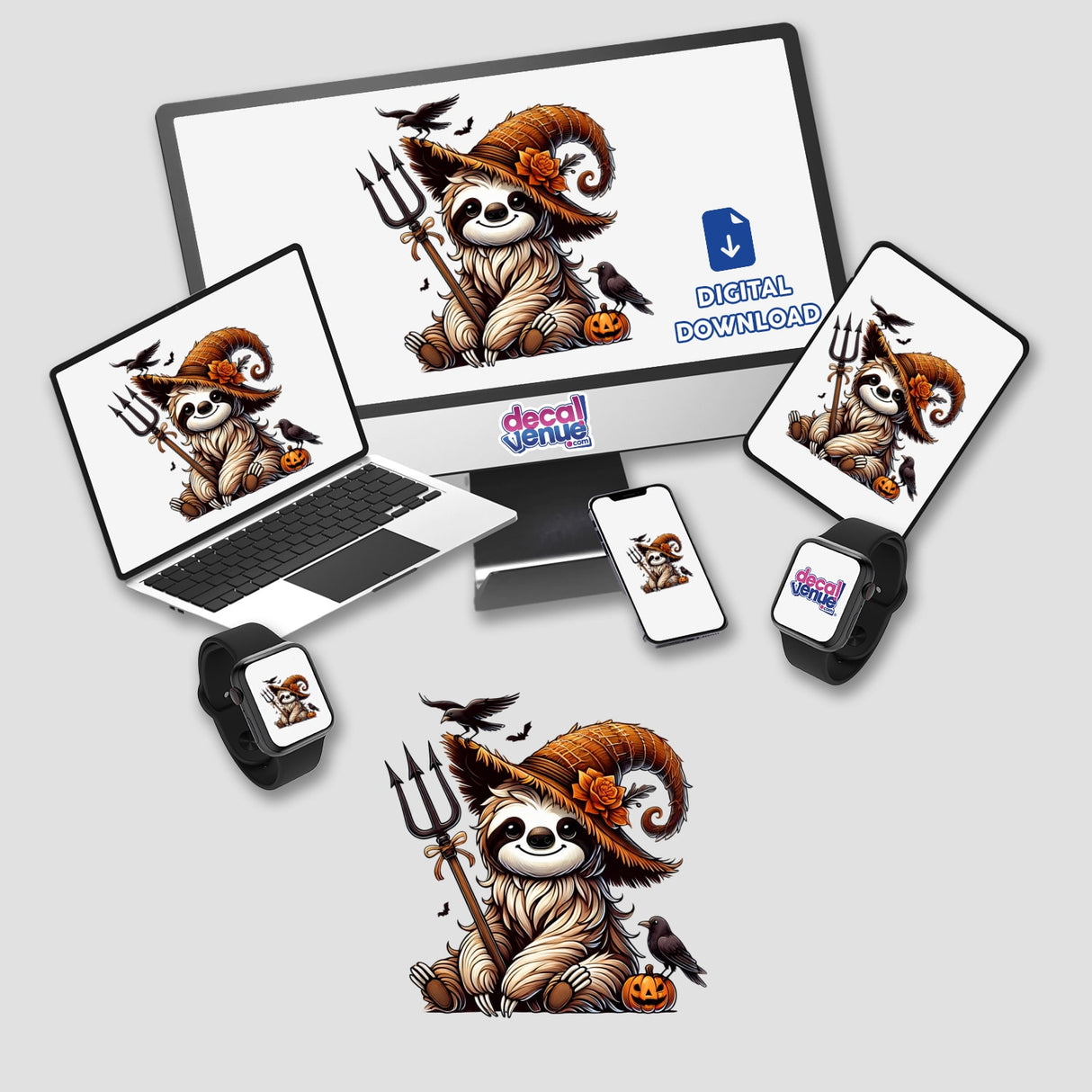 Halloween Sloth with Pitchfork sticker or digital art displayed on a computer monitor and laptop screen, featuring a cartoon sloth in a costume.