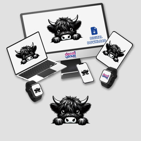 Peeking Highland Cow portrayed as a whimsical design, available as stickers or digital artwork, showcasing its distinctive features in a playful style. Ideal for adding charm to any surface.